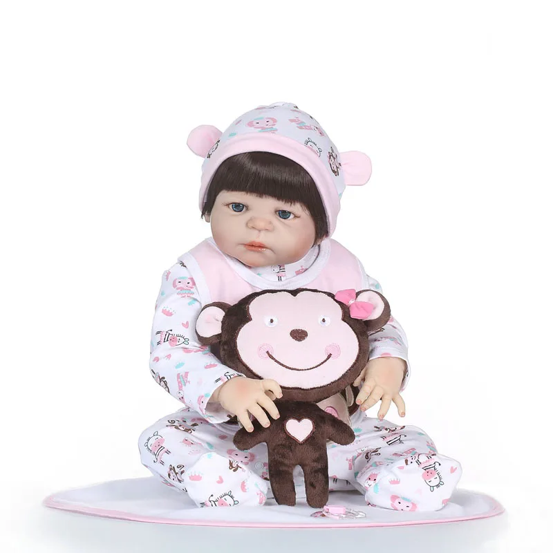 

55cm Full Body Silicone Reborn Baby Doll Toy Lifelike Vinyl Newborn Girls Babies With Monkey Children Kids Alive Bebe Bonecas