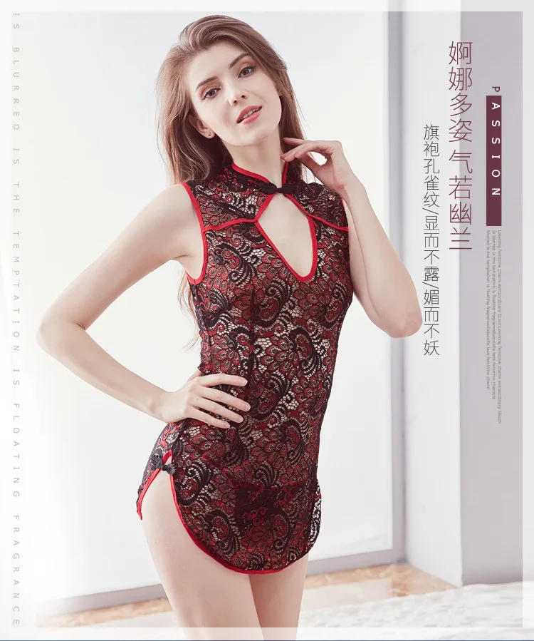 Порно Прозрачная кружевная ночная рубашка с павлином Cheongsam сексуальное нижнее