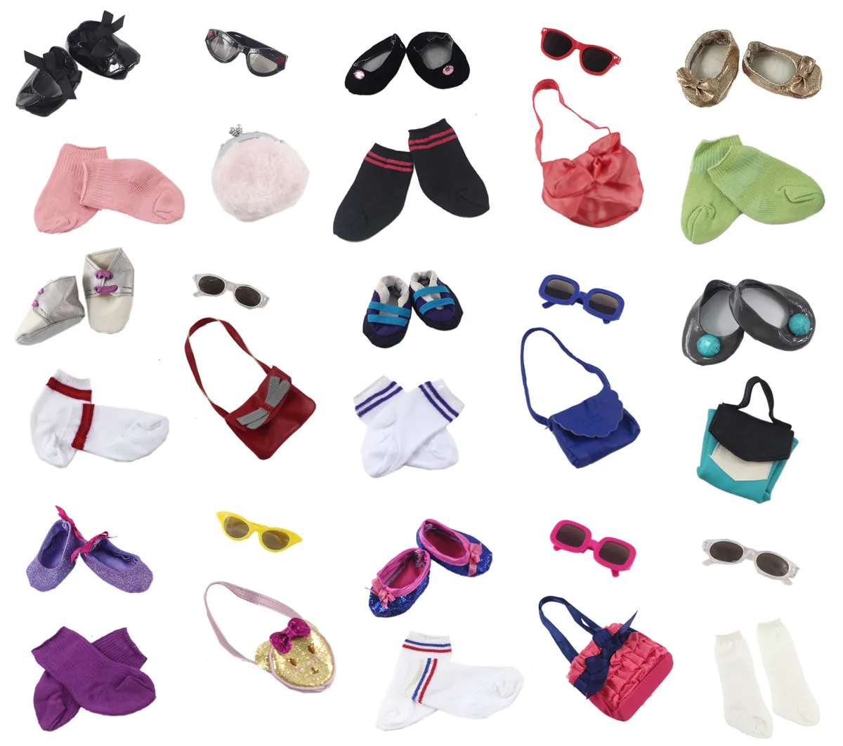 

New 4 PCS Doll Accessories Shoes+bag+glasses+socks fit for 18" inch American Doll Many Style for Choice