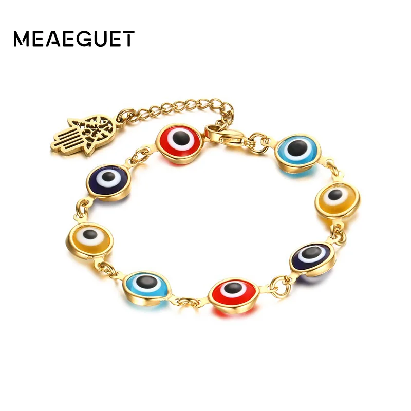 

Meaeguet Hamsa Bracelets & Bangles For Women Stainless Steel Evil Gold-Color Hand Chain Female's Eye Jewelry
