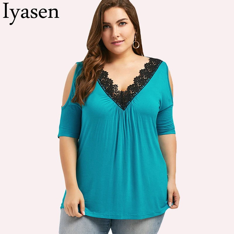 

XL-5XL Maxi Clothes T Shirts for Women Summer Tops Casual Tees Pullovers Lace Hollow Sexy Women Clothing V Neck Shirt Large Size