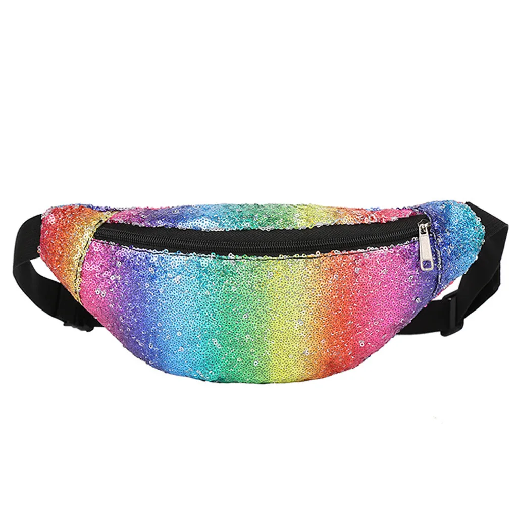 

Holographic Waist Bags Women rainbow Color Sequined Zipper Sequin Girl Messenger Bag Sport Chest Banana Waist Bags 2019 Fashion