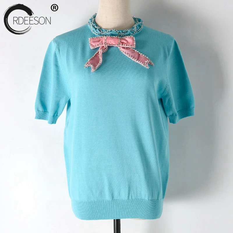 

ORDEESON 2018 T Shirt Women Shirts Summer Top Bowknot Sequin T-shirts Pullover Solid Black Kawaii Womens Clothing Short Sleeve