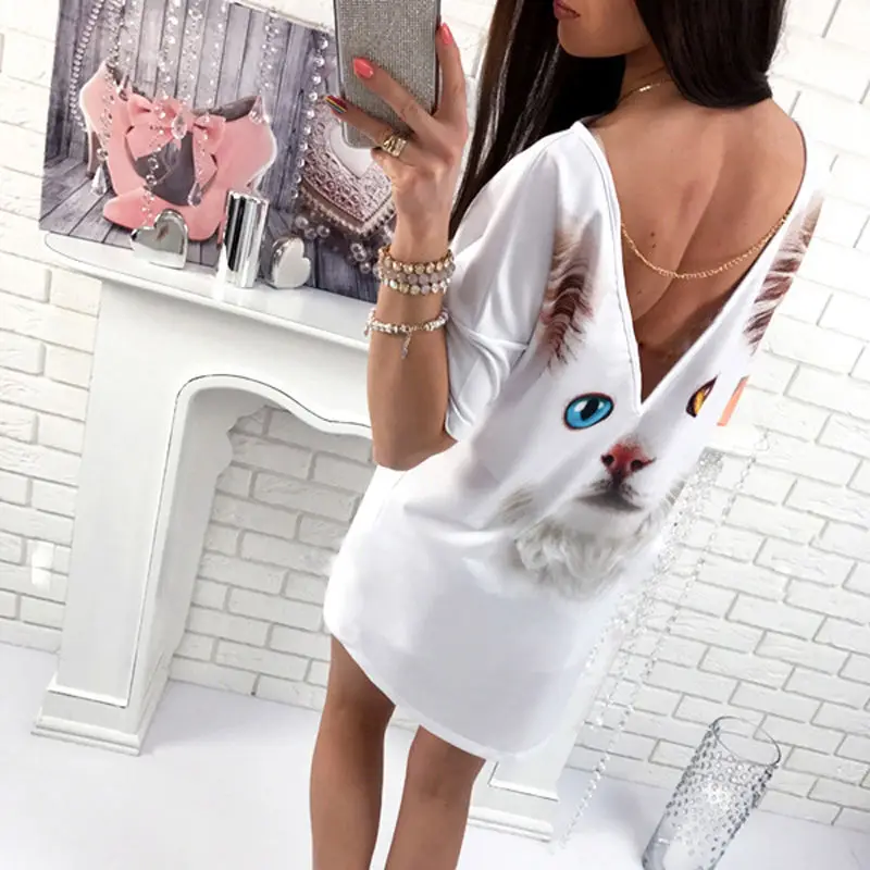 2018 Casual cat butterfly printed O Neck V backless short sleeve Loose white mini dress womens fashion dresses summer women long sleeve maxi dress