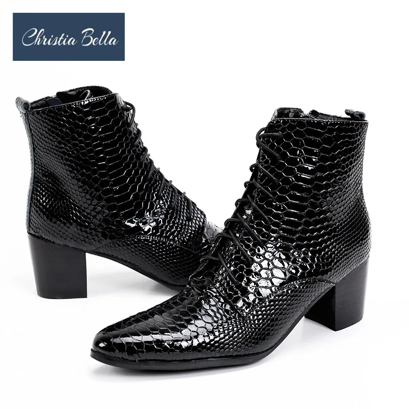 Christia Bella/модные мужские ботинки из натуральной кожи со змеиным узором; зимние мужские ботинки на высоком каблуке; ботинки в байкерском стиле на шнуровке