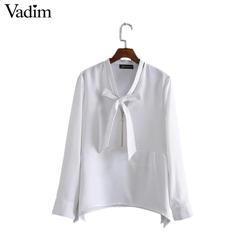 Women bow tie neck white loose shirts v neck zipper long
