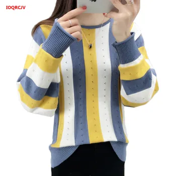 

Women's Sweater 2019 Autumn Winter New Loose Knitted Patchwork Stripes O-neck Pullover Sweater Female Hollow Out Jumpers W1015
