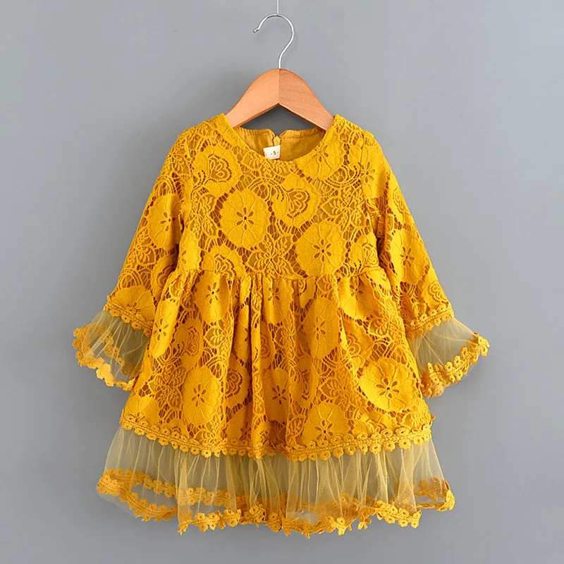 summer 2019 Sweet girls long sleeve lace dress kid toddler babies princess dresses hollow out children clothes yellow costume