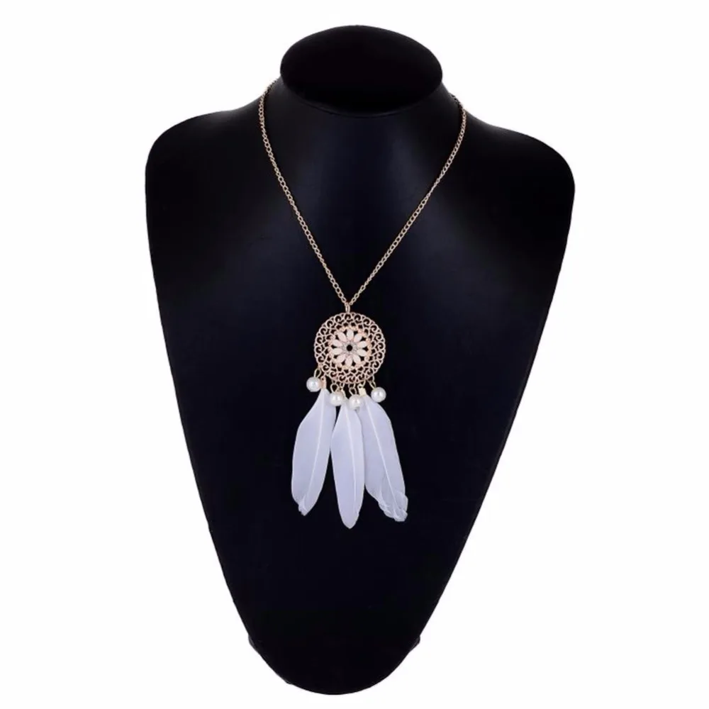 White/Blue Imitation Pearl Flower Dangle Feather Pendant Necklace Women