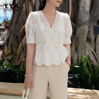 

Top Brand Short Lantern Sleeve Covered Button V-Neck Womens Lace Shirts Hollow Out Emboridery Open Stitch Slim Fit Ladies Blouse