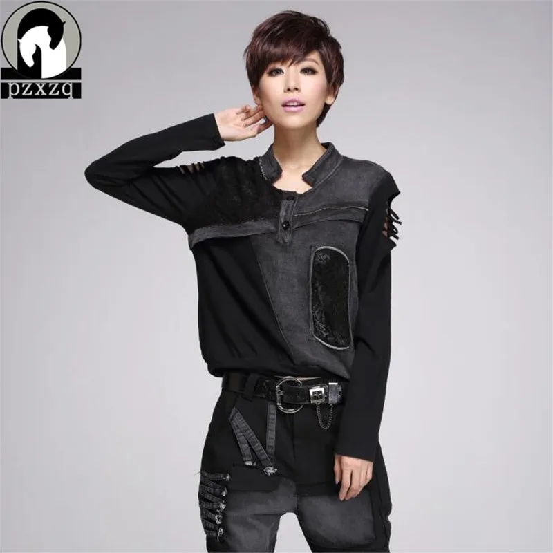 Baratos Camiseta de manga larga sin tirantes de moda callejera para mujer ropa negra de talla grande Perfurado Mulheres Camiseta