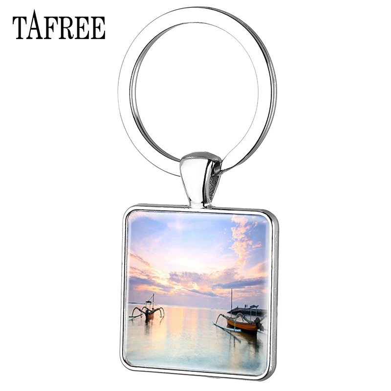 

TAFREE Bali Scenery Picture Square Keychains sunny beach holiday Silver Plated key Chain Fashion keyring men woman jewelry FA332