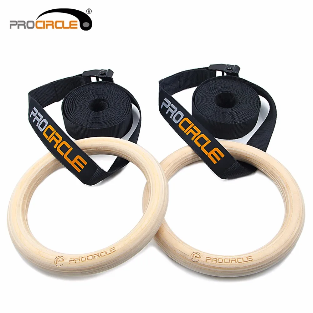 PROCIRCLE Wood Gymnastic Rings 28mm Gym Rings with Adjustable Long
