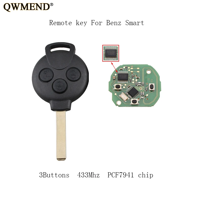 QWMEND 433 МГц полный дистанционный ключ для Mercedes-Benz Smart Fortwo 451 2007 2008 2009 2010 2011 2012 2013 PCF7941