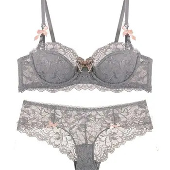 

Girl sexy lace push up underwear bra set large size transparent ultra-thin section of half cup cup gray bra set