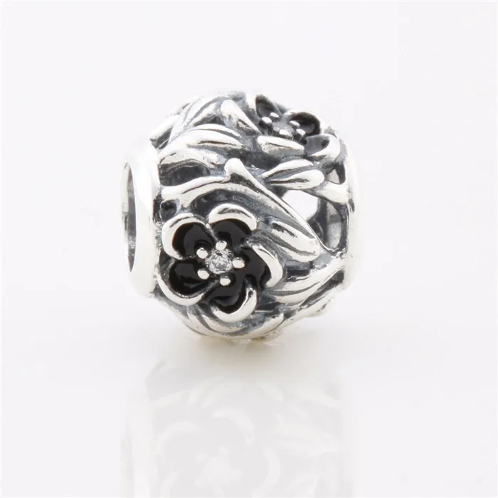 

925 Sterling Silve Black Enamel Flower Round Bead Suitable for Brand Style Charm Bracelets & Necklaces