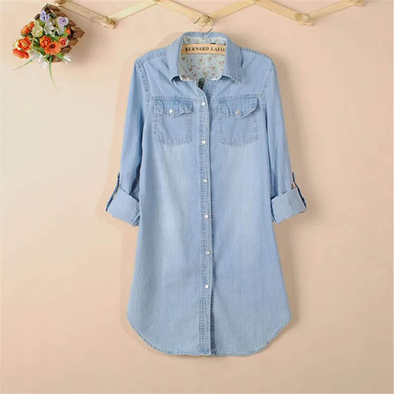 New Fashion Women Demin Shirt 2015 Ladies Blue Sky Blue Tops Long Sleeve Blouse Womens Lapel 