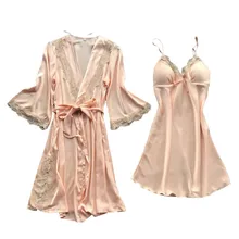 Осенний Атласный пижамный комплект для женщин, стильный комплект из 2 предметов, Брендовое сексуальное женское белье, кружевная шелковая ночная рубашка, ночная рубашка, костюм, пижама, femme# Y5/24