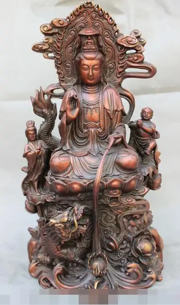 

S03344 18" Chinese Pure Red Bronze Dragon Kid Lotus Pot Kwan-yin GuanYin Buddha Statue (A0321)