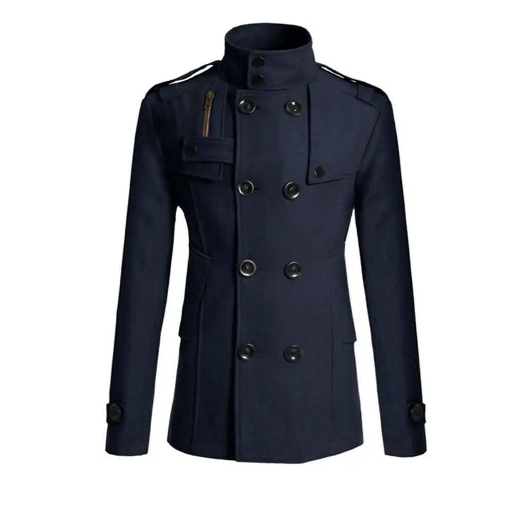 Navy blue Для мужчин зимний теплый плащ облегающее шерстяное пальто подходит Повседневное рефрижераторных куртки с воротником-стойкой двойной однобортная парка - Цвет: Navy blue
