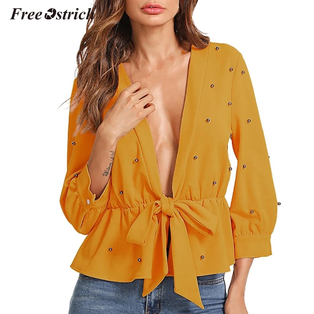 

Free Ostrich Yellow Workwear Elegant Solid V Neck Long Sleeve Loose Shirt 2019 New Autumn Women Bow Blouse And Top N30