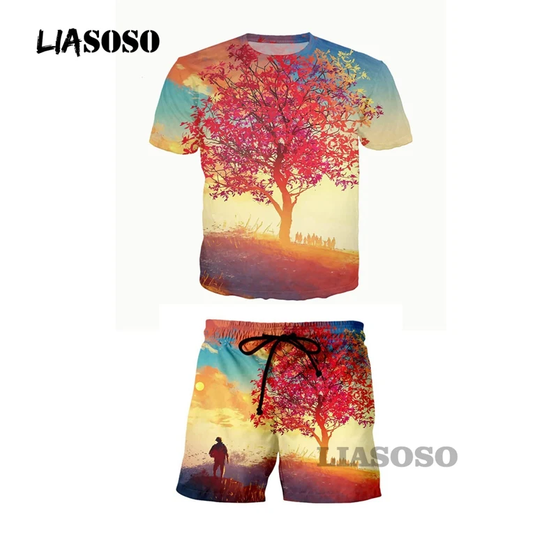 LIASOSO 3d печати Человек Для женщин красный лист Дерево футболка Короткие штаны комплект летние пляжные Harajuku Рубашки домашние футболка шорты