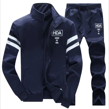 

Men Dark navy Sweatshirt Tracksuit Men Set New Brand Autumn Winter 2 Pieces Stand Collar Fleece Patchwork Casual Hoodie Men