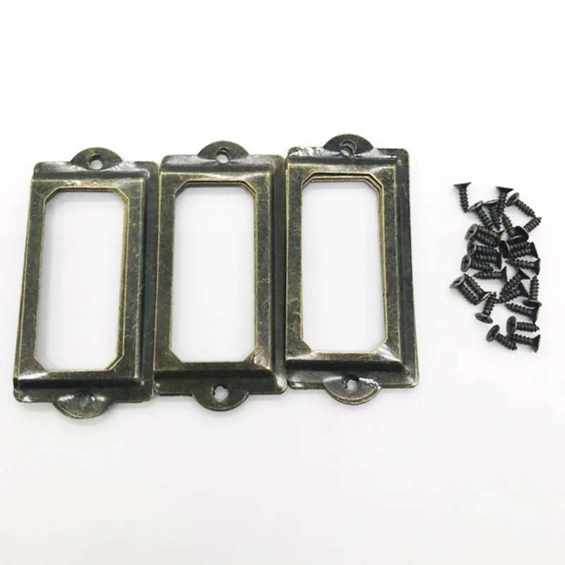 12Pcs/Set Antique Brass Metal Label Pull Frame Handle File Name Card Holder For Furniture Cabinet Drawer Box Case Bin