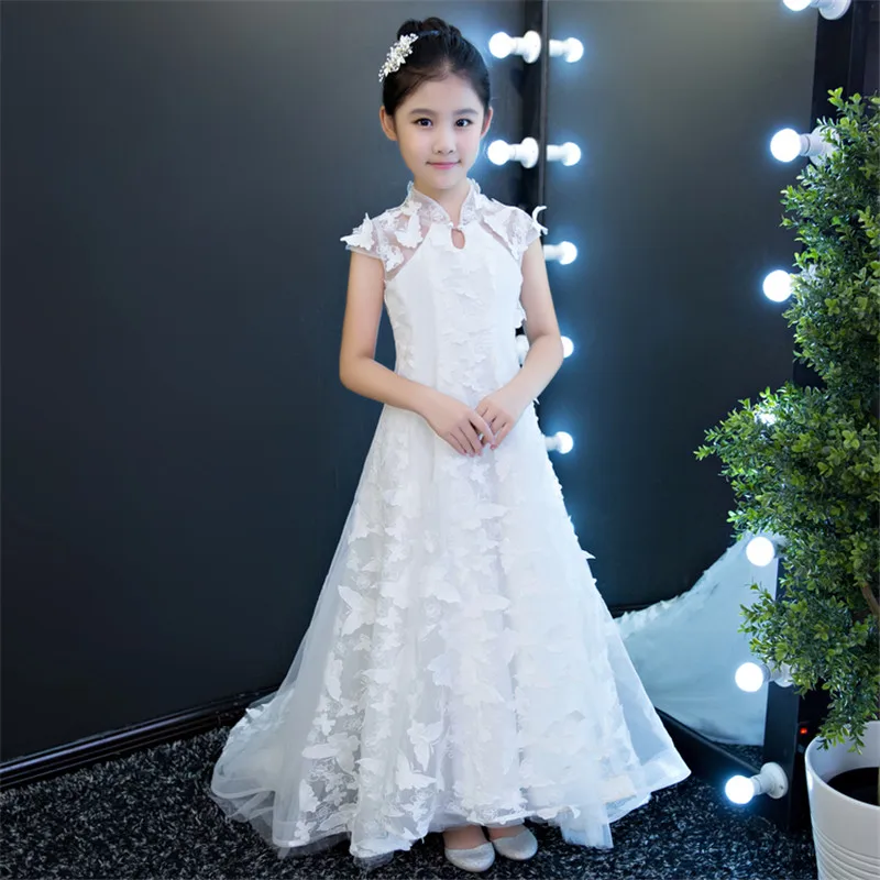 Festa de Casamento Vestidos de Bebês Show de Borboleta 2018 Nova Alta Qualidade Cor Branca Aniversário Longa Cauda Crianças Modelo Traje Vestido 5 Cheap Vestidos
