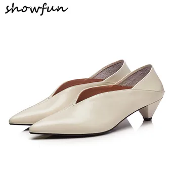 

Women's genuine leather slip-on pumps brand designer v slip-on med heel comfortable mules high heeled shoes retro spring shoes