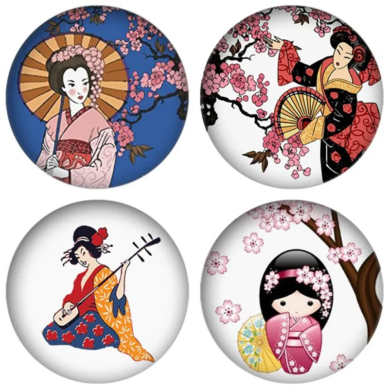 

ZDYING 5pcs/lot Round Glass Cabochon Traditional Japanese Girls Women Pattern Glass Dome Beads Demo Flat Back Making Findings