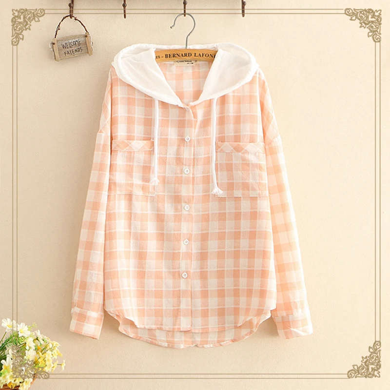 

Summer Casual Plaid Shirt Women Cardigan simple Lattice Hooded Shirts Cotton Linen Female Sunscreen Tops Blouses V378