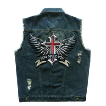Мотоцикл клуб джинсовый жилет значки заклепки вышивка панк рыцарь патч Бог скорость вы хип хоп для мужчин's проблемных жилеты 6XL