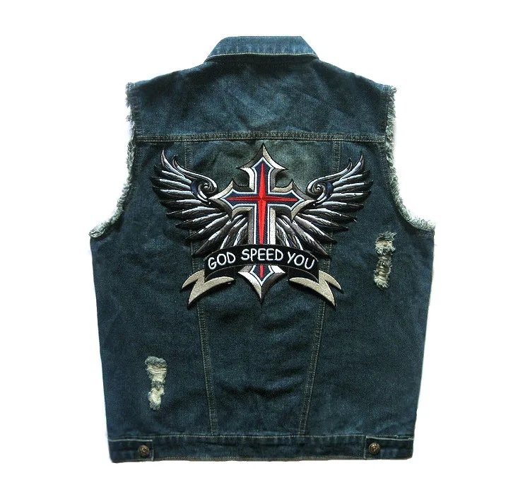 

Motorcycle Club Denim Vest Badges Rivet Embroidery Punk Knight Patch GOD SPEED YOU Hip Hop Men's Distressed Vests 6XL