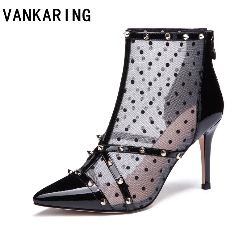 

fashion cow leather+mesh air pumps ankle boots for women sexy pointed toe western cowboy boots women super high heel runway boot