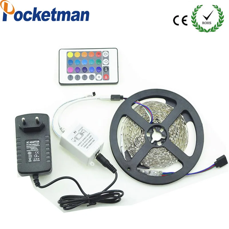 3528 SMD LED String Light 5M 300Led RGB LED strip Stripe 24Key IR Remote Controller 12V 2A Power ...