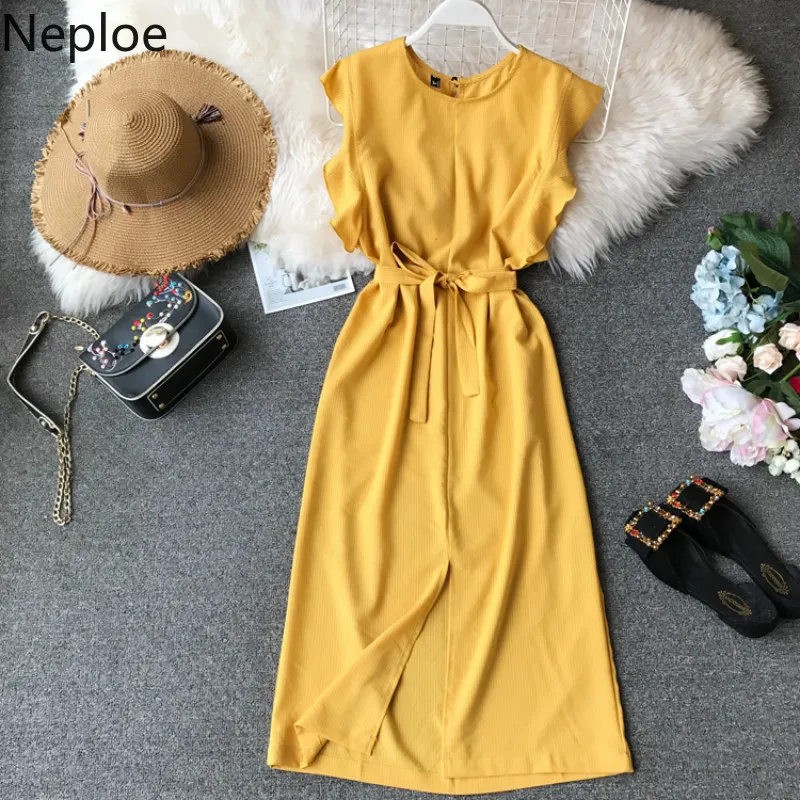 Neploe Korean Summer Irregular Slim Fit Girls Dresses Solid Lace Up Empire Vestidos Elegant Temperament Party cotton Dress 45598