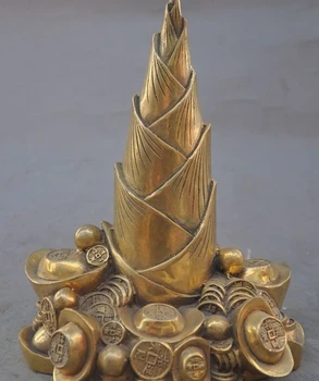 

7"china Folk Culture brass wealth yuanbao money coin Bamboo shoots lucky statue