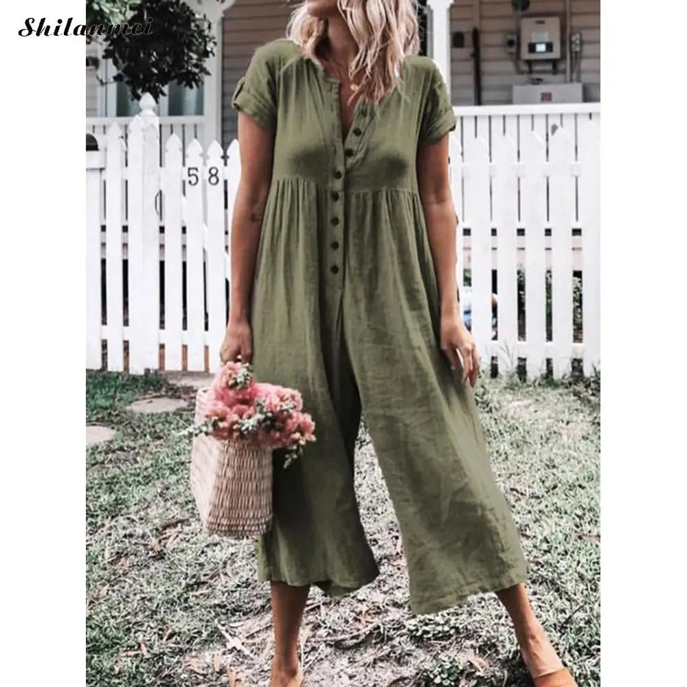 

2019 Casual Loose Women Summer Short Sleeve Linen Jumpsuit Wide Leg Long Trousers Boho Bodysuit Plus Size 3xl Overalls Romper