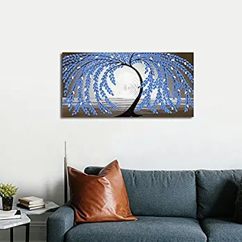 

Blue Leaves Tree Paintings Modern Abstract Flowers Artwork Hand Painted Floral Oil Paintings on Canvas Wall Art for Living Room