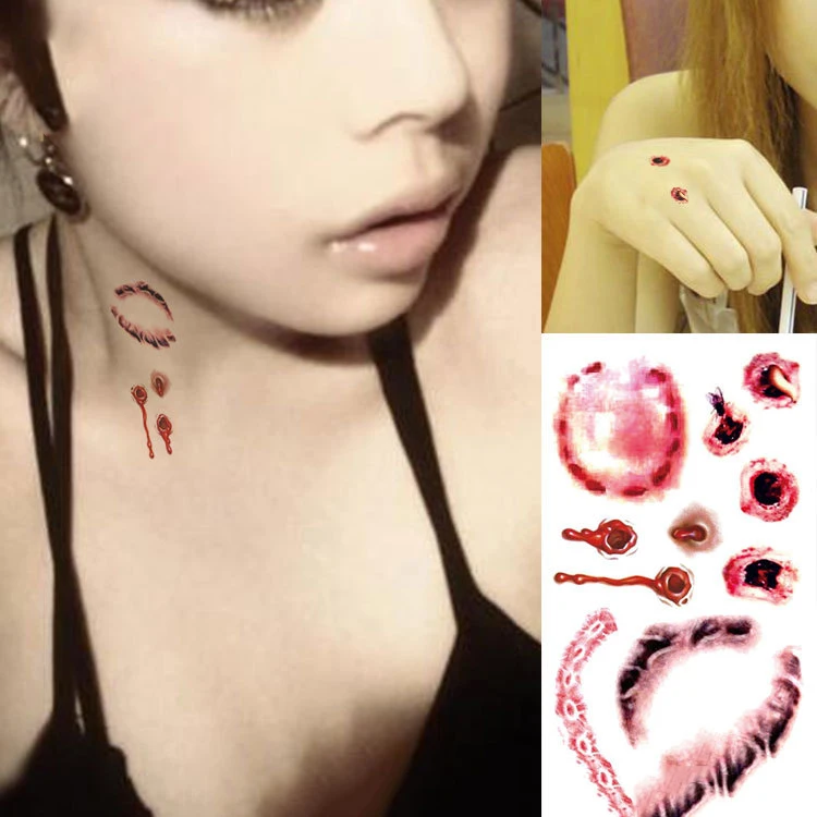 

Tattoo Sticker Waterproof Halloween Terror Gunshot Wound Blood Injury Scars