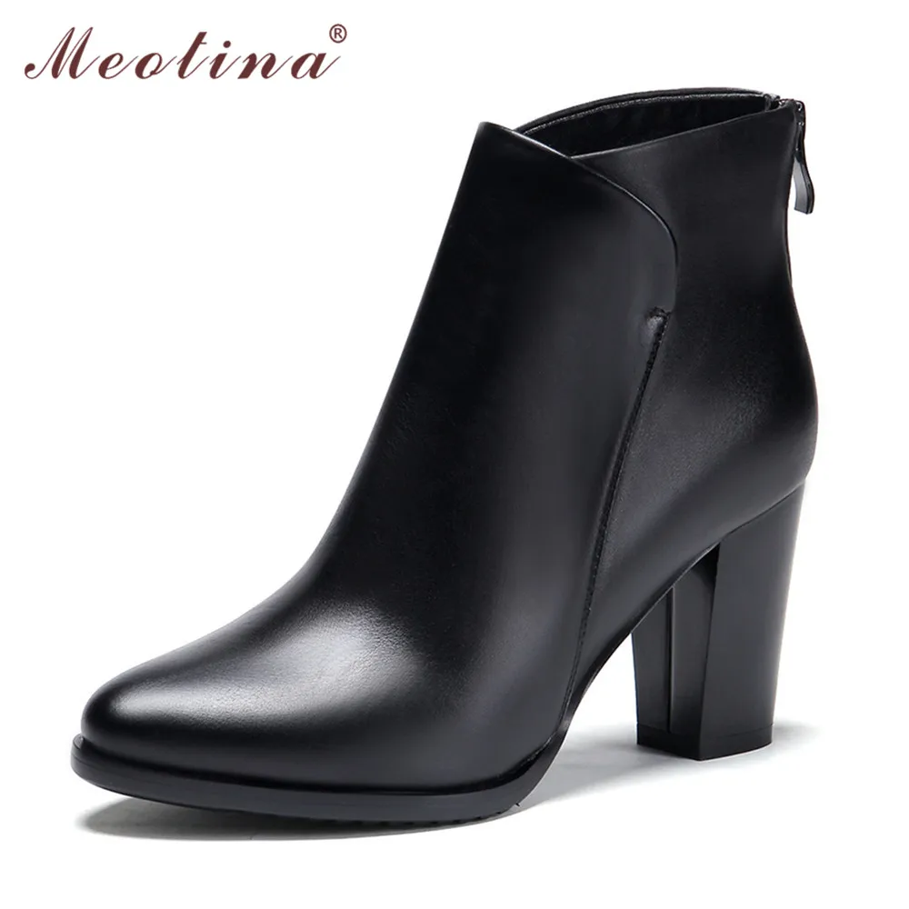 ФОТО Meotina New Genuine Leather Shoes Women Ankle Boots Thick High Heel Martin Boots Zip Full Grain Leather Ladies Work Shoes Black 
