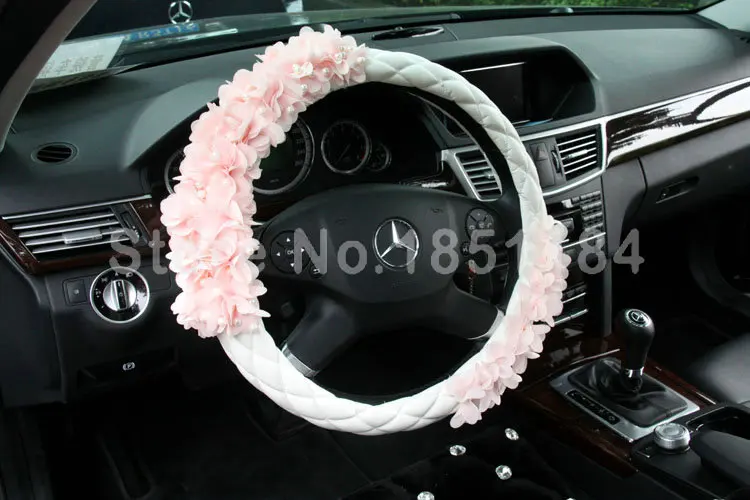 

Princess Pearl Lace Flower Car Steering Wheel Covers Genuine Sheepskin 15 inch 38CM - Pink