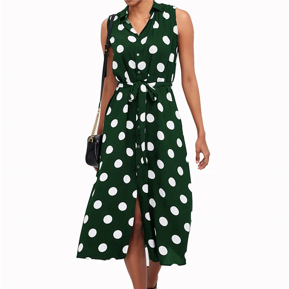 

green sleeveless summer maxi dress polka dot casual female dress 2019 tunic turn-down collar shirt dress long vestidos mujer
