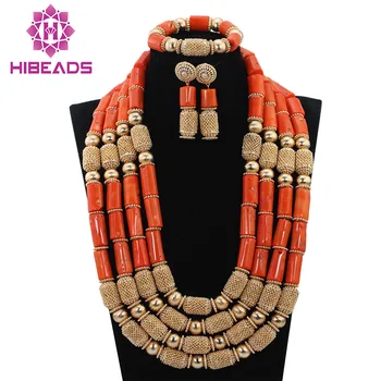 

Luxury Wedding Coral African Beads Jewelry Sets Dubai Gold Layers Necklace Set for Brides Christmas Gift Free Ship CNR700