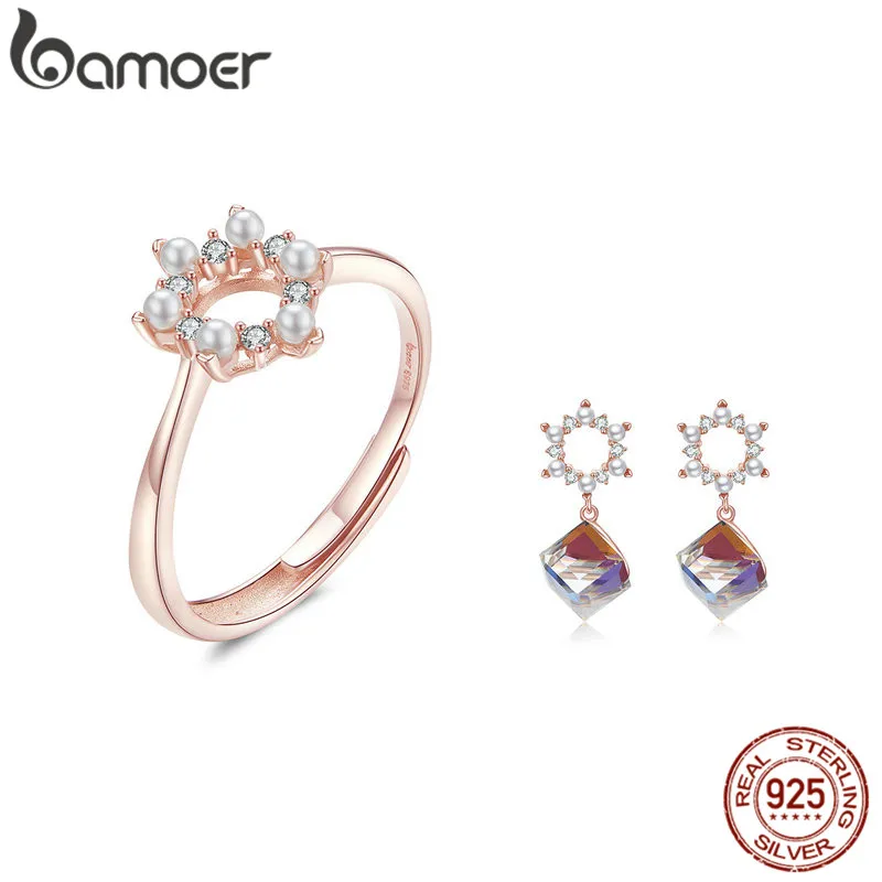 

bamoer Pearl and Crystal Ring and Earrings for Women Jewelry Sets Rose Gold Color Sterling Silver 925 Fashion Jewelry ZHS125