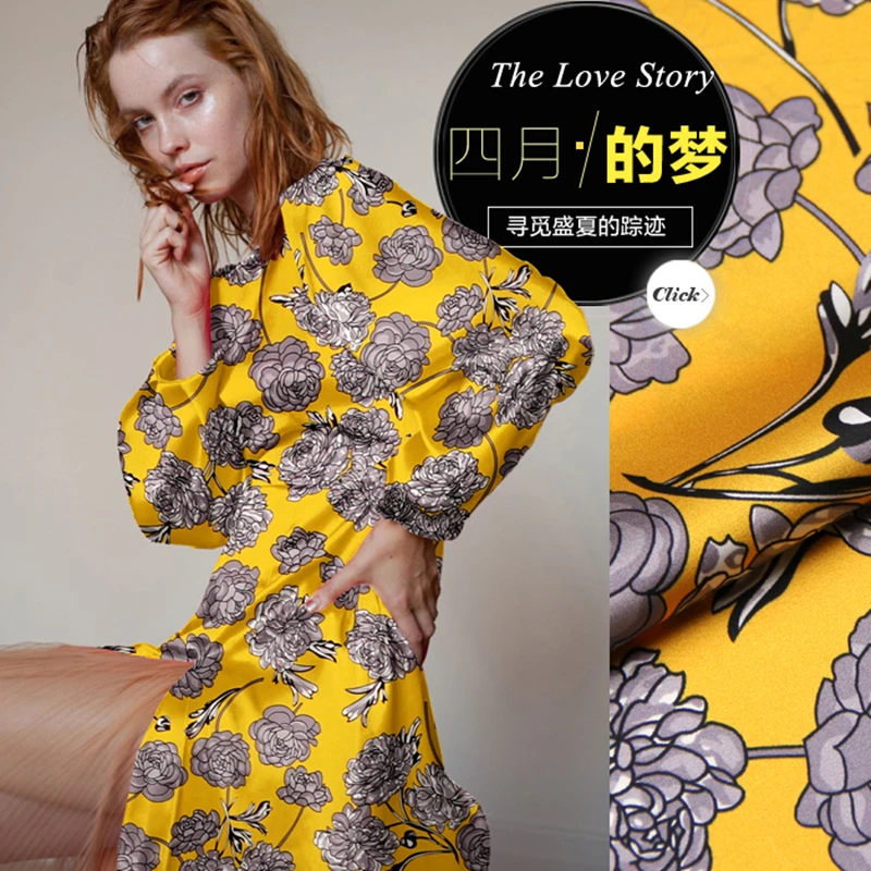 

(50 cm/lot) air brushing printed silk fabric for sewing elastic satin fabrics 19 mm heavy Mulberry stretch cloth flower fashion