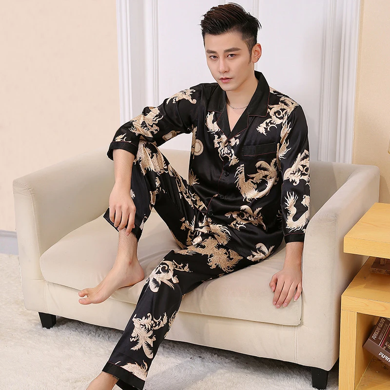 men silk like pajamas sets long sleeve (5)