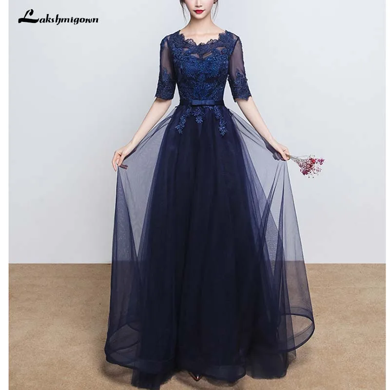 Marineblauw Moeder Van De Bruid Jurken Sheer Half Mouwen Tule A-lijn Applique Lange Formele Wedding Party Jurken Avondkleding Marineblauw Moeder Van De Bruid Jurken Sheer Half Mouwen Tule A-lijn Applique Lange Formele Wedding Party Jurken Avondkleding