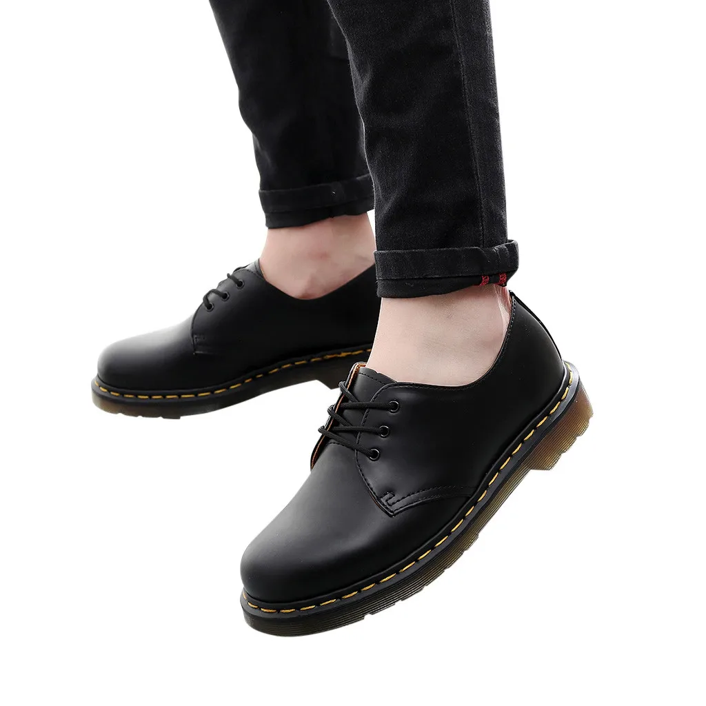 Модная рабочая обувь в стиле ретро на низком каблуке с круглым носком Нескользящие кожаные ботинки на низком квадратном каблуке со шнуровкой